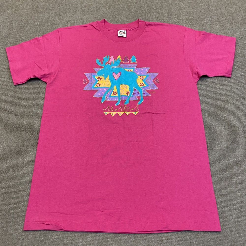Vintage Single‎ Stich Nature T Shirt Large Alaska Moose Pink Anvil Red Bar Tag